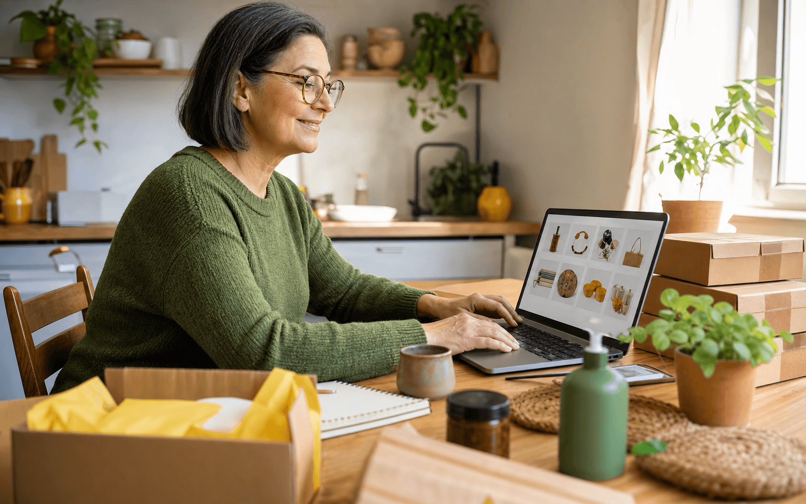 Pessoa vendendo online em casa com produtos e caixas organizadas